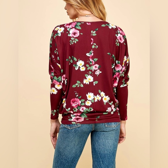Flowy and Comfort Draped Long Sleeve Batwing Dolman -wine floral - Picture 3 of 6